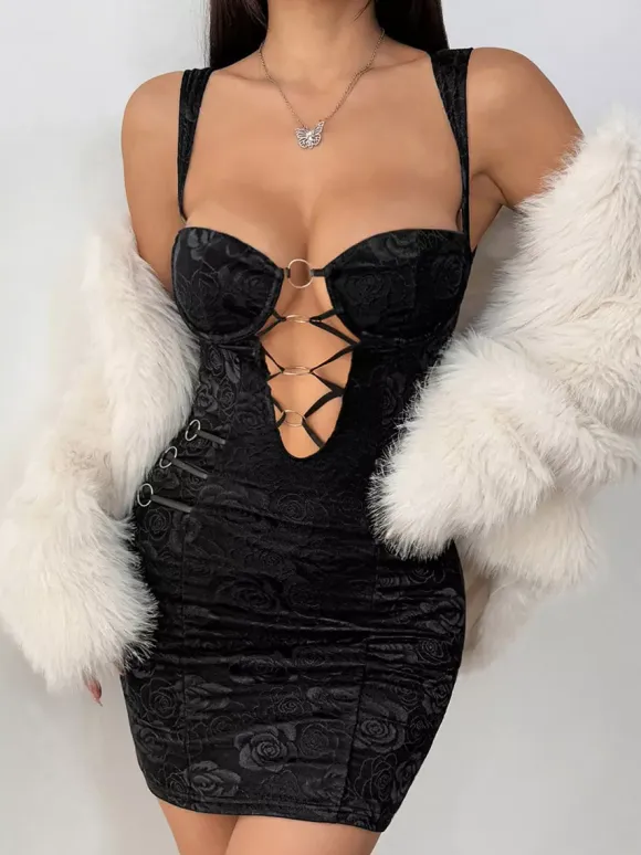 Night Out Dresses Black Circles Sleeveless Straps Neck Cupless Summer Dress