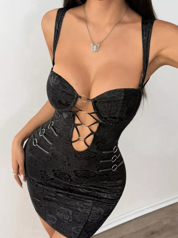 Night Out Dresses Black Circles Sleeveless Straps Neck Cupless Summer Dress