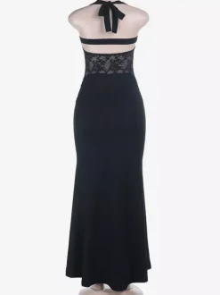 Night Out Dresses Black Halter Mermaid Maxi Lace Cutout Back Tie Ruched Waist Evening Party Gown