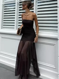 Night Out Dresses Black Polyester Sleeveless Strapless Clothes Summer Dress