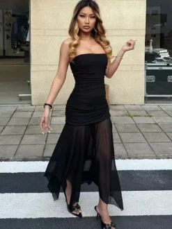 Night Out Dresses Black Polyester Sleeveless Strapless Clothes Summer Dress