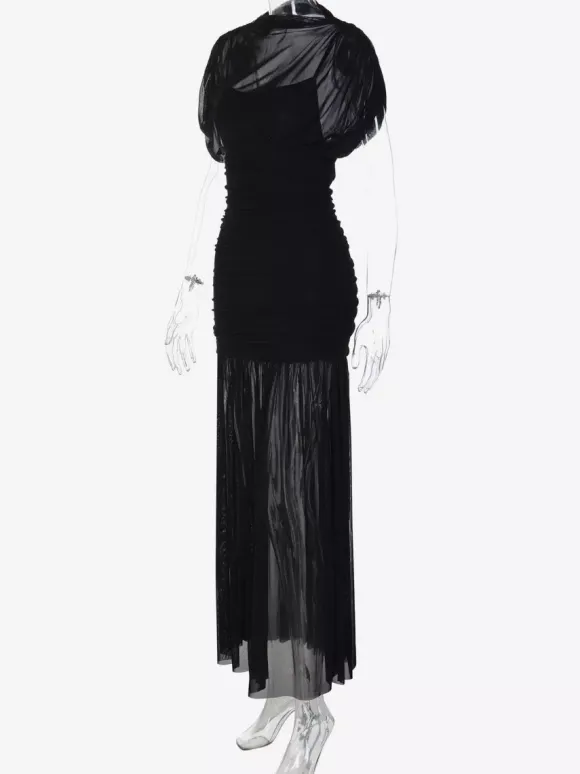 Night Out Dresses Black Short Sleeves High Collar Summer Dress
