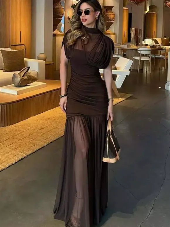 Night Out Dresses Black Short Sleeves High Collar Summer Dress