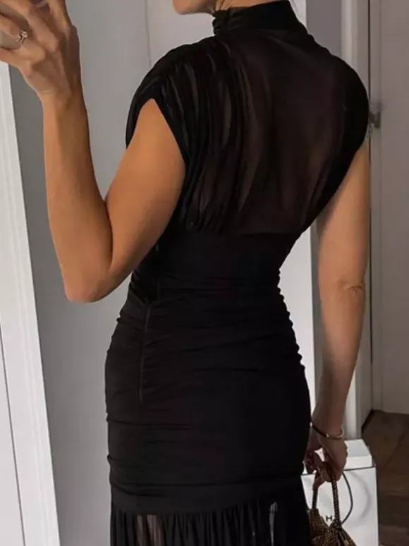 Night Out Dresses Black Short Sleeves High Collar Summer Dress