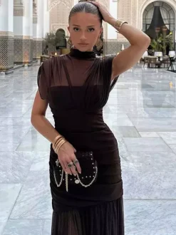 Night Out Dresses Black Short Sleeves High Collar Summer Dress