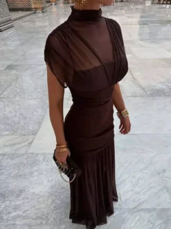 Night Out Dresses Black Short Sleeves High Collar Summer Dress