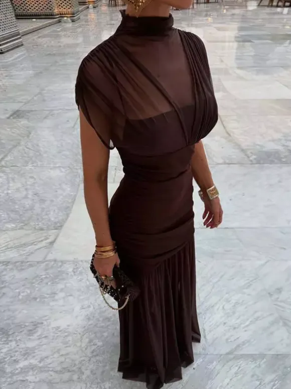 Night Out Dresses Black Short Sleeves High Collar Summer Dress