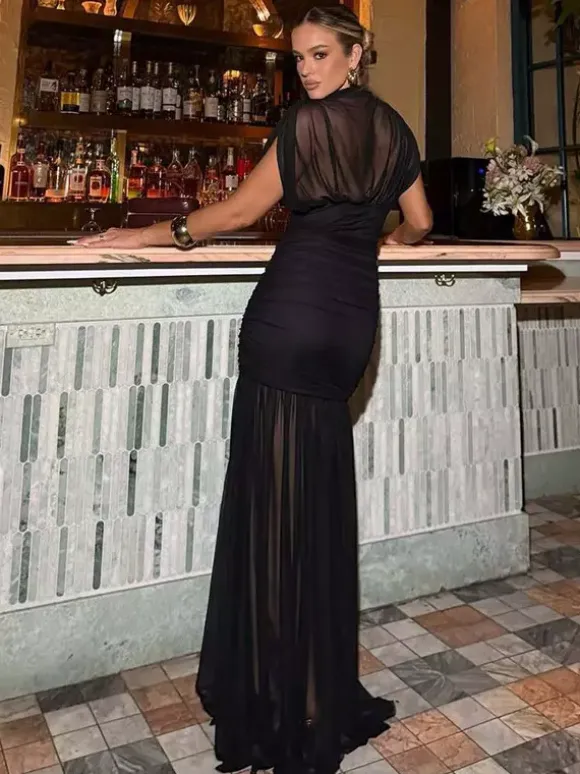 Night Out Dresses Black Short Sleeves High Collar Summer Dress