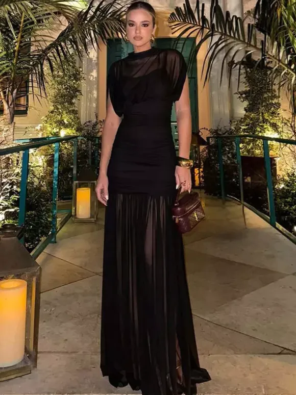Night Out Dresses Black Short Sleeves High Collar Summer Dress