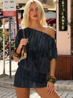 Night Out Dresses Blue Polyester Short Sleeves Backless Summer Dress