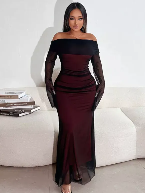 Night Out Dresses Burgundy Long Sleeves Off-The-Shoulder Summer Dress