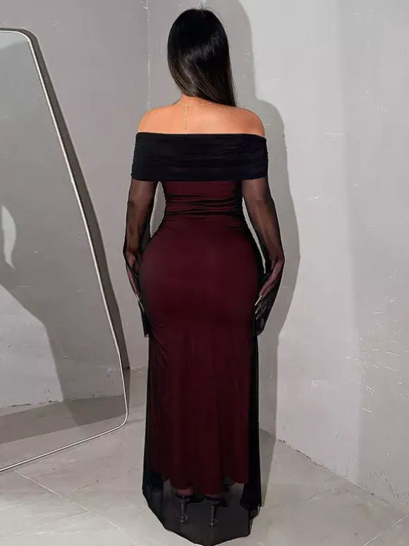 Night Out Dresses Burgundy Long Sleeves Off-The-Shoulder Summer Dress
