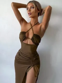 Night Out Dresses Deep Brown Polyester Sleeveless Halter Backless Summer Dress