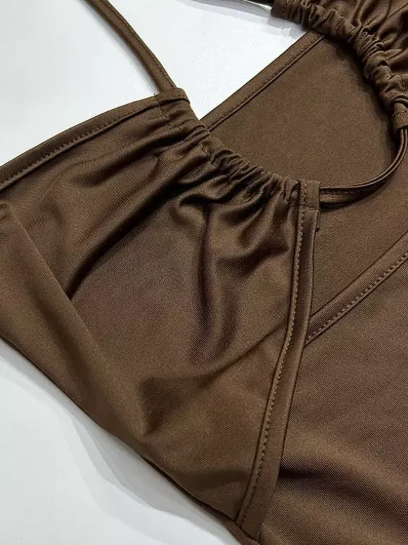 Night Out Dresses Deep Brown Polyester Sleeveless Halter Backless Summer Dress