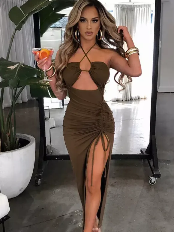 Night Out Dresses Deep Brown Polyester Sleeveless Halter Backless Summer Dress