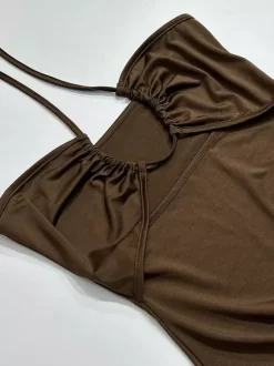 Night Out Dresses Deep Brown Polyester Sleeveless Halter Backless Summer Dress