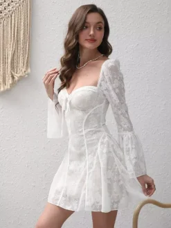 Night Out Dresses Ecru White Long Sleeves Square Neck Summer Dress