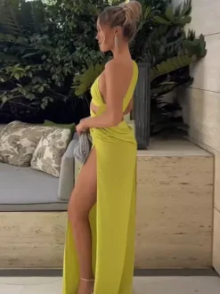 Night Out Dresses Green Polyester Sleeveless One-Shoulder Backless Summer Dress