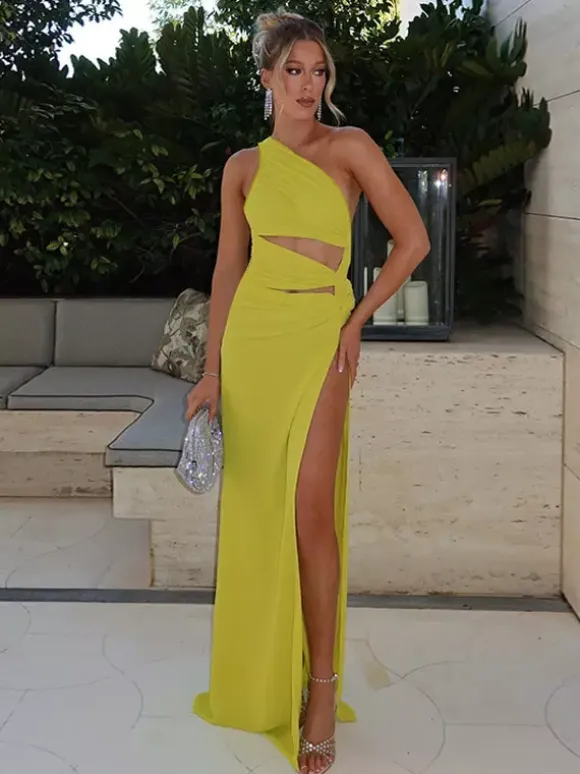 Night Out Dresses Green Polyester Sleeveless One-Shoulder Backless Summer Dress