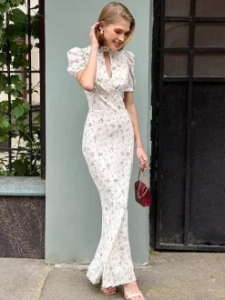 Night Out Dresses Maxi Burgundy Short Puff Sleeves High Collar Summer Dress