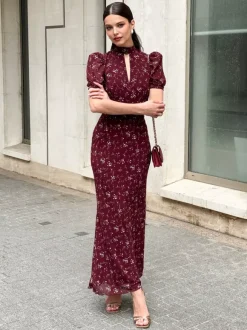 Night Out Dresses Maxi Burgundy Short Puff Sleeves High Collar Summer Dress