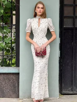Night Out Dresses Maxi Burgundy Short Puff Sleeves High Collar Summer Dress