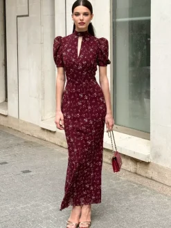 Night Out Dresses Maxi Burgundy Short Puff Sleeves High Collar Summer Dress