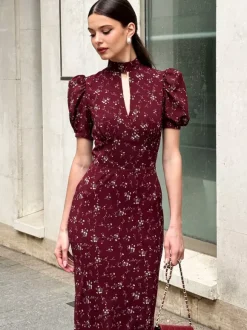 Night Out Dresses Maxi Burgundy Short Puff Sleeves High Collar Summer Dress