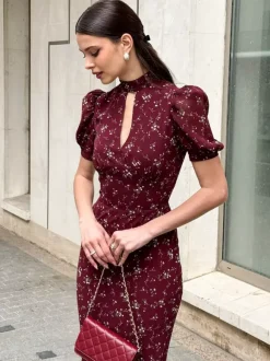 Night Out Dresses Maxi Burgundy Short Puff Sleeves High Collar Summer Dress