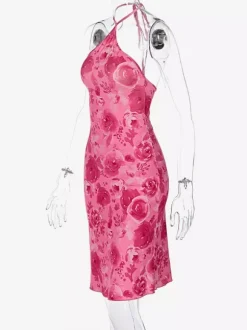 Night Out Dresses Rose Floral Print Sleeveless Halter Summer Dress