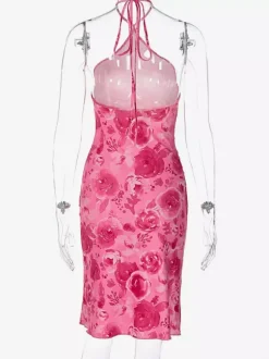 Night Out Dresses Rose Floral Print Sleeveless Halter Summer Dress