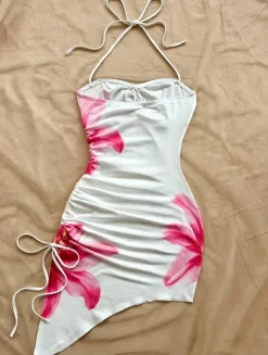 Night Out Dresses White Floral Print Sleeveless Straps Neck Backless Summer Dress