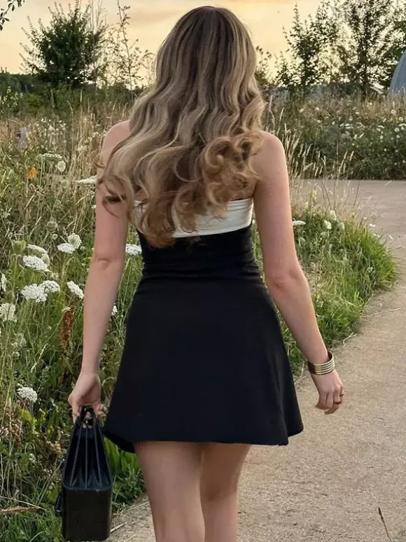 Night Out Dresses White Polyester Two-Tone Sleeveless Strapless Summer Dress