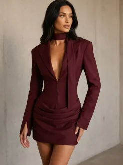 Notched Lapel Ruched Long Sleeve Bodycon Blazer Mini Dress For Women 2026
