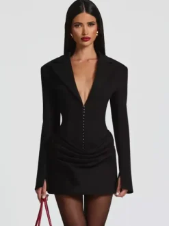 Notched Lapel Ruched Long Sleeve Bodycon Blazer Mini Dress For Women 2026