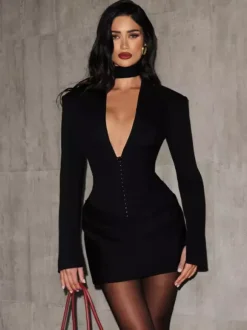 Notched Lapel Ruched Long Sleeve Bodycon Blazer Mini Dress For Women 2026