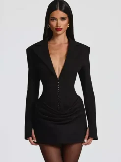Notched Lapel Ruched Long Sleeve Bodycon Blazer Mini Dress For Women 2026