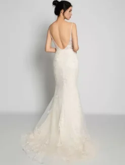 Nude Beach Wedding Dresses Sleeveless V-Neck Lace Bridal Dresses Free Customization