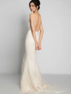 Nude Beach Wedding Dresses Sleeveless V-Neck Lace Bridal Dresses Free Customization