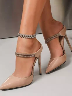 Nude High Heel Mules Pointed Toe Rhinestones Stiletto Heel Shoes