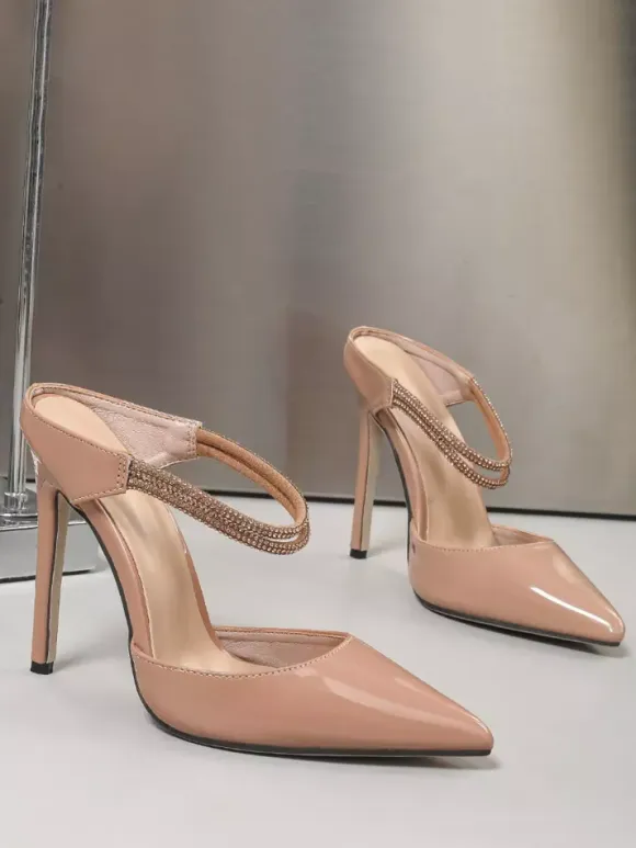 Nude High Heel Mules Pointed Toe Rhinestones Stiletto Heel Shoes