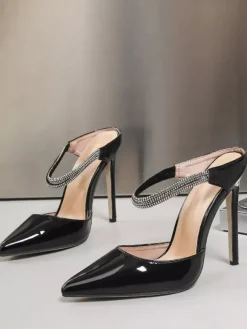Nude High Heel Mules Pointed Toe Rhinestones Stiletto Heel Shoes