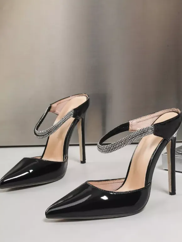 Nude High Heel Mules Pointed Toe Rhinestones Stiletto Heel Shoes