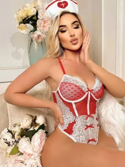 Nurse Costume Sexy Halloween Red Women's Polyester Color Block Bodysuit Jumpsuit