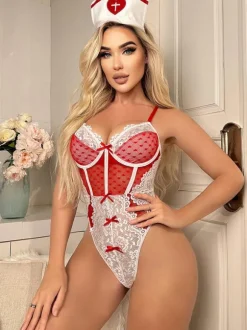 Nurse Costume Sexy Halloween Red Women's Polyester Color Block Bodysuit Jumpsuit