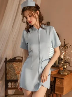 Nurse Costume Sexy Halloween White Women's Polyester Hearts Pattern Dress T-back