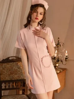 Nurse Costume Sexy Halloween White Women's Polyester Hearts Pattern Dress T-back