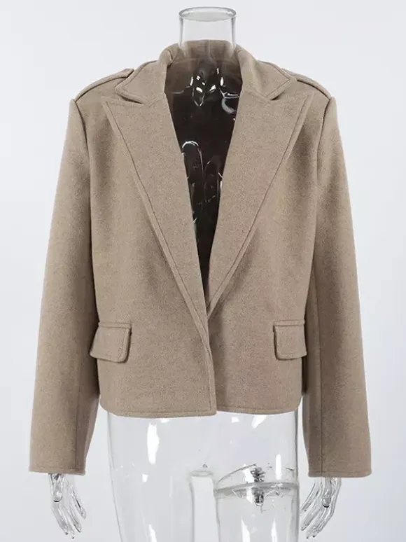 Oatmeal Wide Lapel Women's Short Blazer - Padded Shoulder Boxy Fit Jacket - Chic Spring Street Outfits 2026