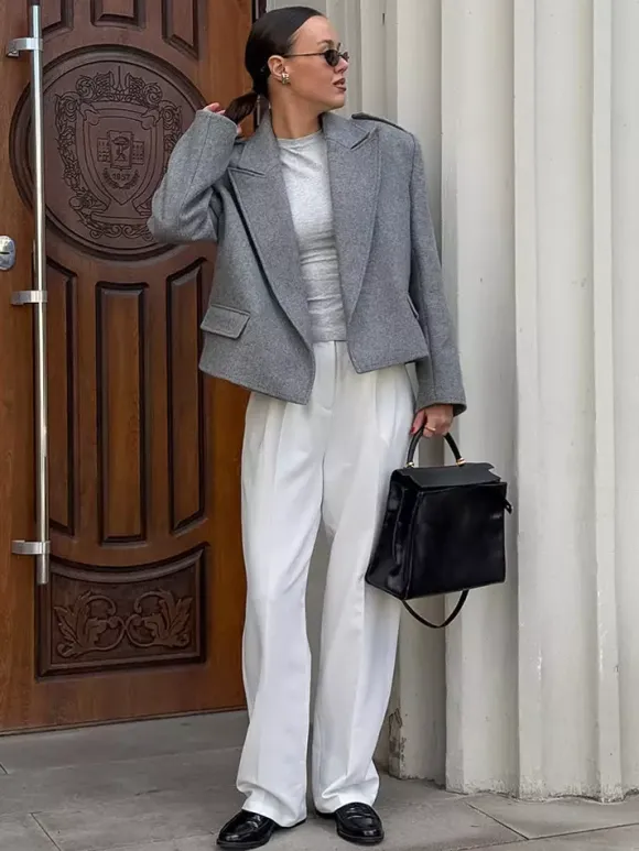 Oatmeal Wide Lapel Women's Short Blazer - Padded Shoulder Boxy Fit Jacket - Chic Spring Street Outfits 2026