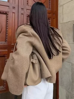 Oatmeal Wide Lapel Women's Short Blazer - Padded Shoulder Boxy Fit Jacket - Chic Spring Street Outfits 2026